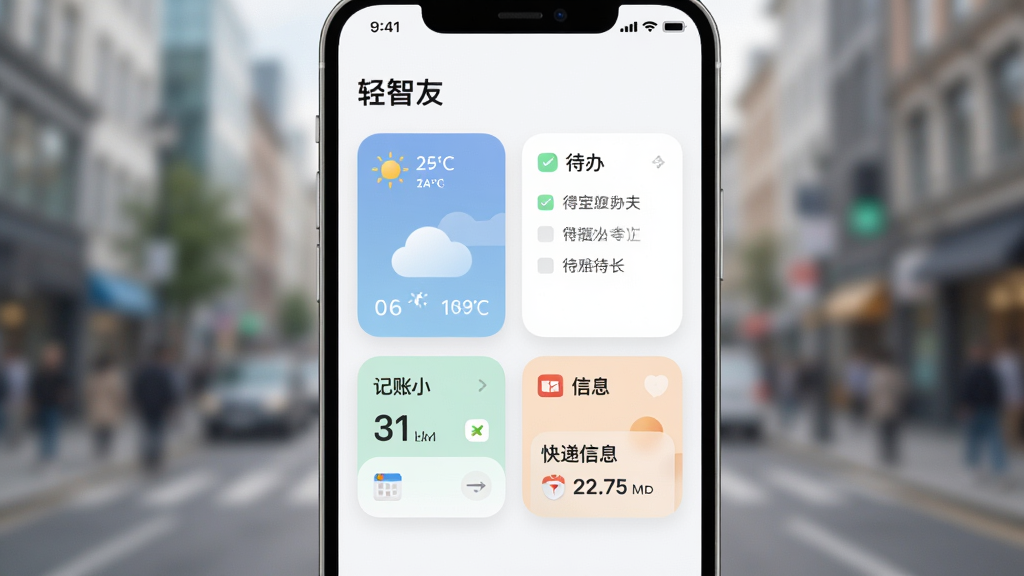 画面为手机屏幕特写,显示“轻智友”的聚合面板,包含天气卡片、待办列表、记账小模块和快递信息卡片。卡片圆角设计,配色柔和,界面留白充足。背景为模糊的城市街景,突出手机界面。风格为清新明快,画质细腻,无多余元素。