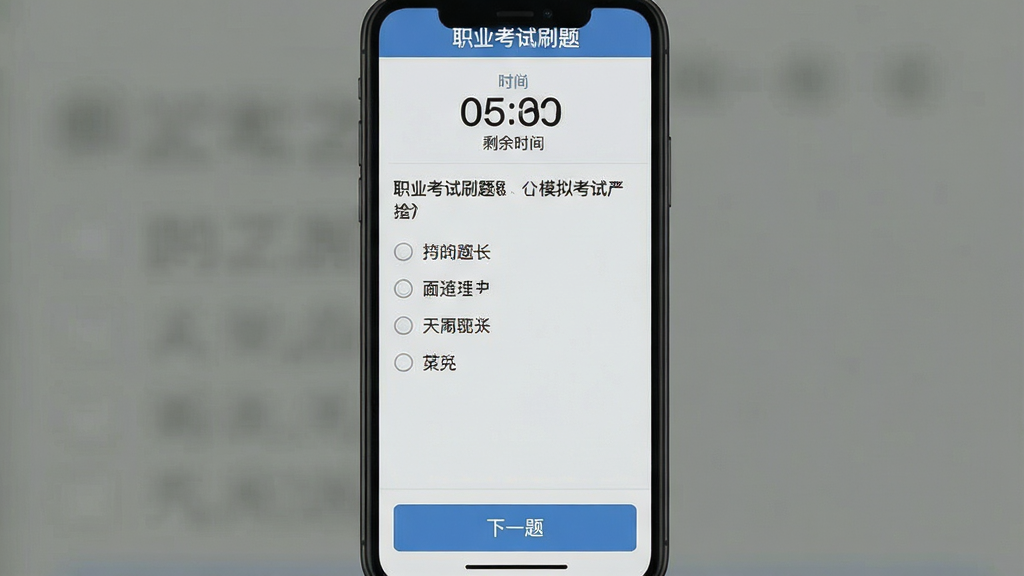 一张手机屏幕截图风格图片,画面展示“职业考试刷题”应用中的模拟考试界面,顶部计时器显示剩余时间,中间是单选题题干与四个选项,底部有“下一题”按钮,背景为浅灰色,风格简约清晰,细节干净,无多余元素