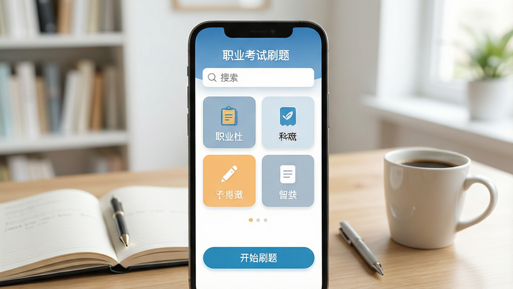 一张手机屏幕特写,画面中央展示“职业考试刷题”应用主界面,顶部有搜索栏,中间是科目分类卡片,下方有“开始刷题”按钮,背景为明亮的书房环境,桌上放着笔记本和咖啡杯,风格清新写实,细节清晰,画质干净,无多余元素