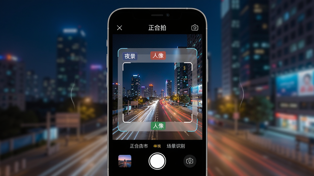 一张AI生图,主体是手机屏幕显示“正合拍”场景识别界面,布局为取景框内出现“夜景”“人像”等识别标签,排版居中,风格为写实科技风,细节包含城市夜景背景、半透明识别浮层、色彩鲜艳,画质高清,干净,无多余元素