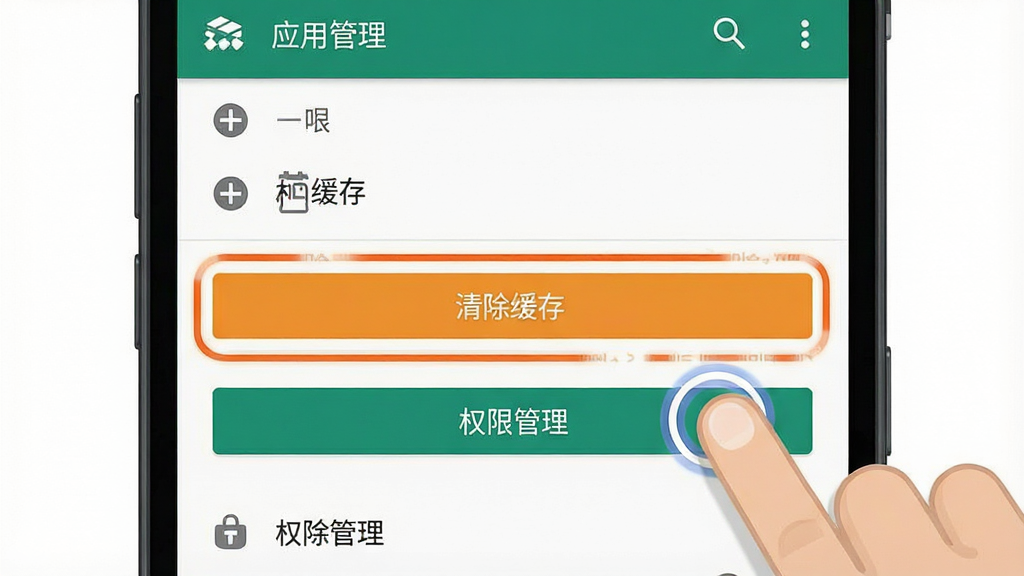 一张展示手机清理缓存和权限设置界面的示意图,主体是一部安卓手机,屏幕内显示应用管理页面,高亮标注“清除缓存”和“权限管理”按钮,布局为纵向列表,排版直观,风格为扁平化系统设置界面风格,细节包含手指点击图标的动作示意,画质高清,干净,无多余元素