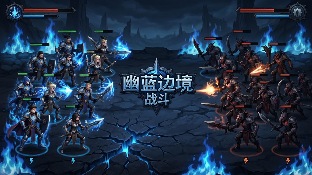 画面主体为幽蓝边境战斗场景,布局为左右双方阵容对峙,左侧为玩家队伍,右侧为敌方队伍,排版上双方英雄呈前后排站位,风格为暗黑奇幻战斗界面,细节包括英雄技能特效、血条与能量条、地面裂缝与幽蓝火焰,画质高清干净,画面中央有'幽蓝边境'战斗logo
