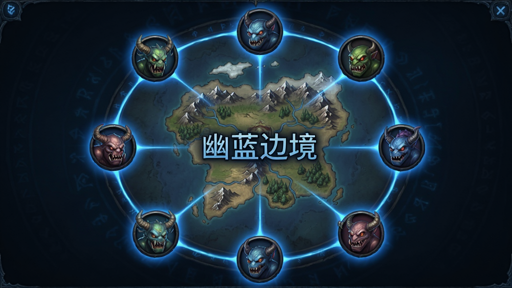 画面主体为幽蓝边境副本选择界面,布局为多个副本入口图标环绕中央大陆地图,排版上图标呈环形排列,风格为暗黑奇幻地图UI,细节包括每个副本图标上的小怪物头像、幽蓝光晕连接线、地图上的山脉与河流纹理,画质高清干净,画面中央有'幽蓝边境'文字