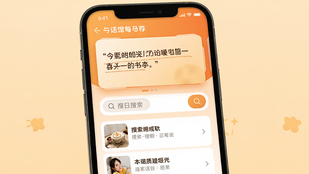 一句话馆每日推荐与搜索界面,手机屏幕上方显示今日推荐句子,下方有搜索框和搜索结果列表,背景为暖色渐变,风格温馨舒适,细节包括推荐卡片高亮、搜索图标,画质高清,干净,无多余元素