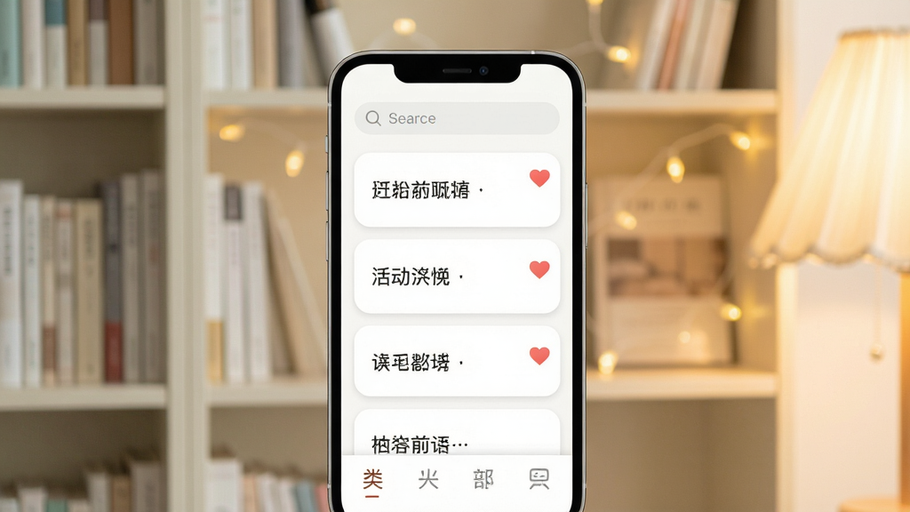 一句话馆软件主界面展示,画面中央为手机屏幕,屏幕内呈现简洁的短句语录列表,顶部有搜索框,底部有分类标签,背景为淡雅的书架与暖色灯光,风格清新文艺,细节包括文字卡片圆角设计、收藏图标,画质高清,干净,无多余元素