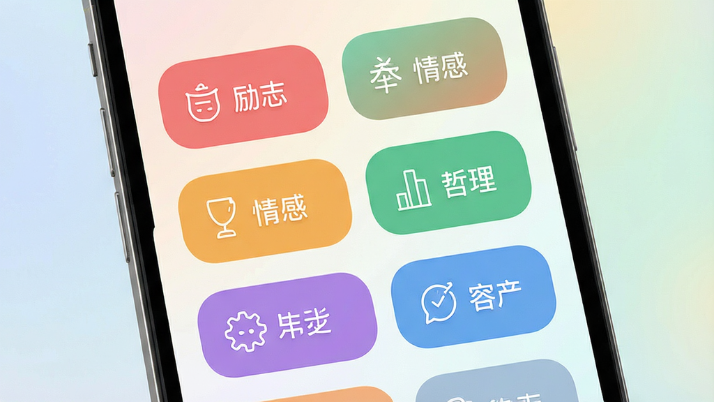 一句话馆应用内分类页面,画面展示手机屏幕中多个彩色分类标签如励志、情感、哲理等,每个标签配有简约图标,背景为柔和渐变,风格清新现代,细节包括标签圆角、图标线条简洁,画质高清,干净,无多余元素
