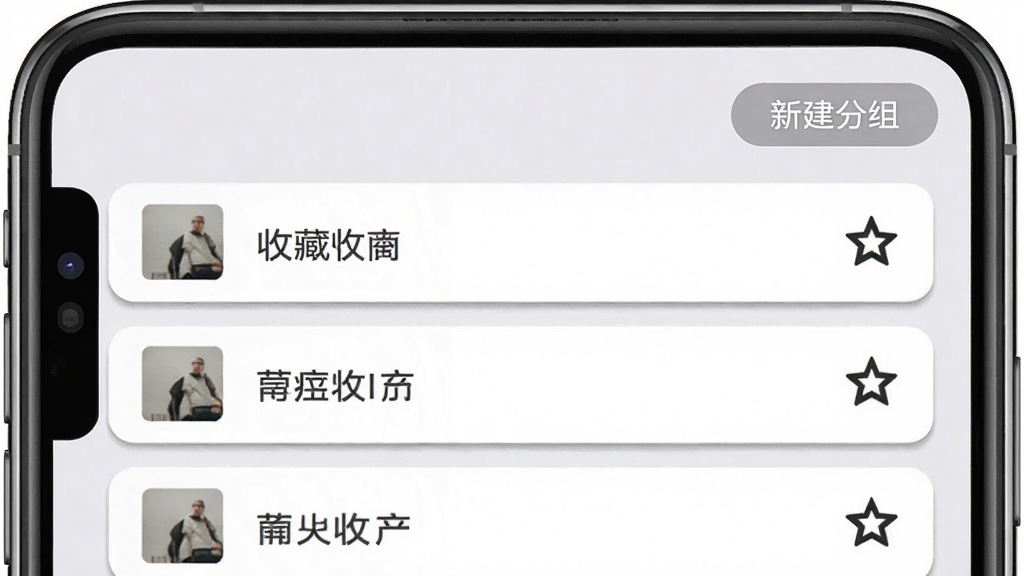 一句话馆收藏功能展示,手机屏幕显示收藏夹列表,每条收藏右侧有星标图标,顶部有新建分组按钮,背景为浅灰色调,风格简约实用,细节包括卡片阴影、图标清晰,画质高清,干净,无多余元素