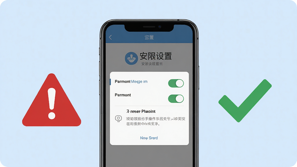 一句话馆新手操作示意图,画面展示手机屏幕中安装权限设置页面,旁边有红色警示标志和绿色对勾对比,背景为浅蓝色,风格说明性,细节包括权限开关、提示文字,画质高清,干净,无多余元素