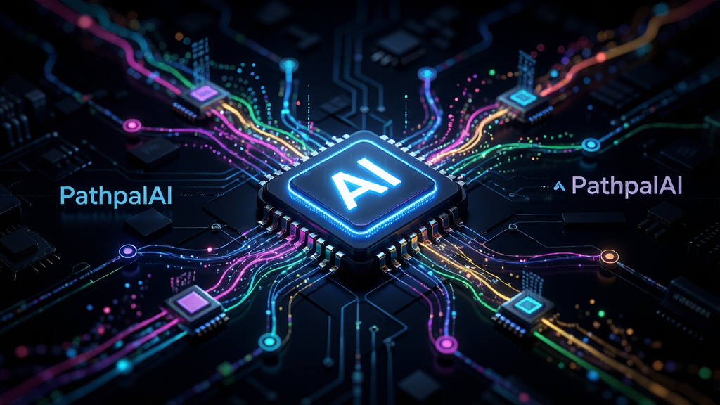 PathpalAI的AI智能路线引擎工作示意图,主体为发光的AI芯片与多条彩色路线交织的抽象网络,布局为中心辐射式结构,排版上芯片位于画面中央,路线向四周延伸,风格为科技感深色背景配霓虹光效,细节包括数据流粒子、路线节点和
