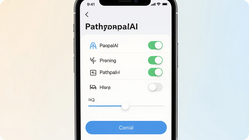 PathpalAI个性化出行偏好设置界面图,主体为手机屏幕展示设置面板,面板中包含多种偏好选项开关和滑块,布局为手机居中,背景为柔和浅色,排版上顶部显示