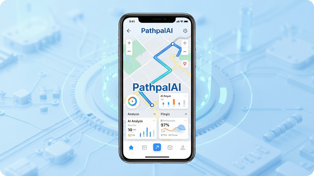 PathpalAI智能路径规划应用主界面展示,主体为一部智能手机屏幕,屏幕中显示PathpalAI的应用界面,界面中央有