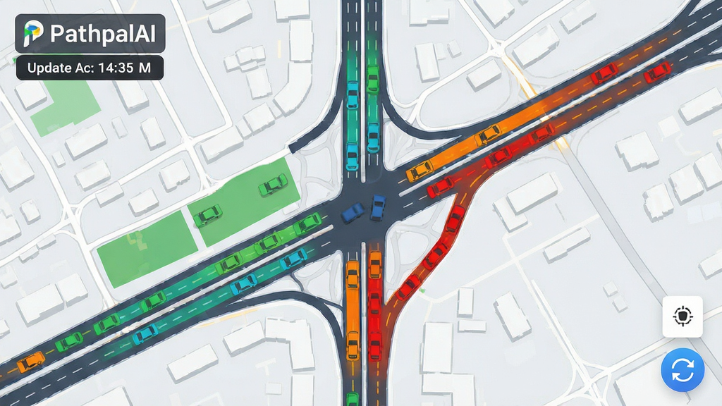 PathpalAI实时路况动态更新功能展示图,主体为城市道路俯瞰地图,地图上以不同颜色标注畅通、缓行和拥堵路段,布局为全屏地图铺满画面,排版上左上角显示