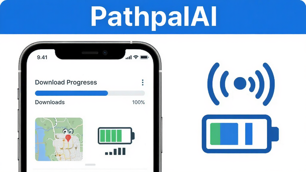 PathpalAI离线地图与低功耗运行功能示意图,主体为手机屏幕显示离线地图下载进度和电池续航图标,布局为手机居中偏左,右侧展示信号弱场景图标,排版上顶部有