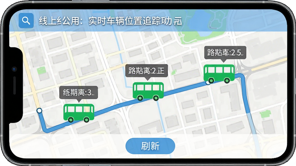 掌上实时公交应用内实时车辆位置追踪功能的界面截图,手机屏幕显示城市地图,地图上有一条公交线路轨迹,轨迹上有三个绿色公交车图标正在移动,每个图标旁标注了距离下一站的站数,屏幕顶部显示线路名称和方向,底部有刷新按钮,画面风格清爽扁平化,中文界面,画质清晰,干净无杂乱元素