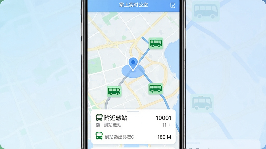 一张展示掌上实时公交应用主界面的手机屏幕截图,画面中央是手机竖屏显示公交实时地图,地图上有蓝色定位圆点和绿色公交车图标,底部卡片列出附近公交线路和到站时间,背景为淡蓝色渐变,整体风格简洁现代,界面文字使用中文,画质清晰干净,无多余装饰元素,适合软件下载站配图使用