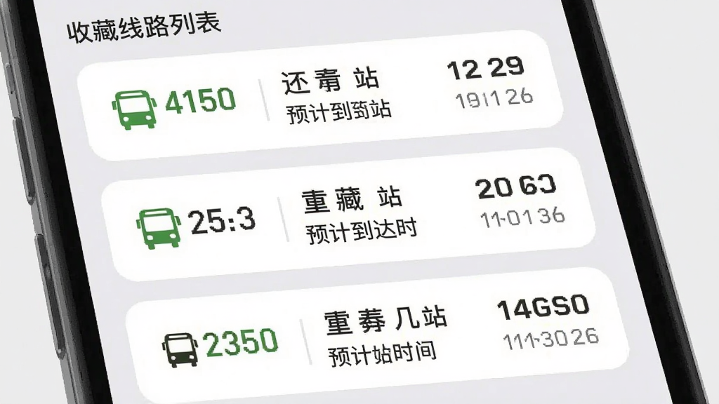 掌上实时公交应用内收藏线路列表界面截图,手机屏幕显示三张卡片式布局的收藏线路,每张卡片左侧有公交线路编号,右侧显示还有几站和预计到达时间,卡片背景为白色圆角矩形,整体背景浅灰色,界面文字为中文,风格简约清新,画质干净,无多余装饰