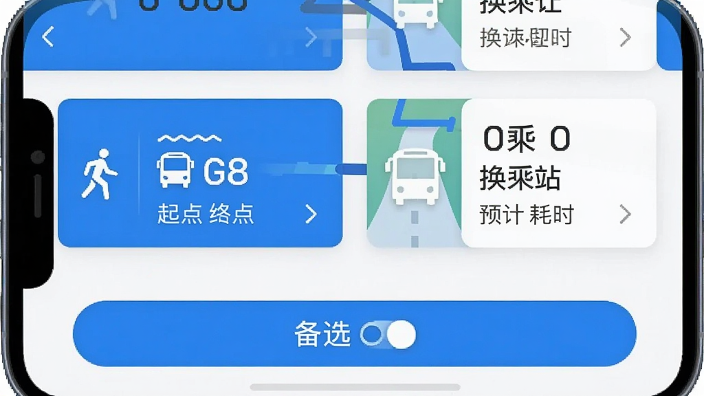 掌上实时公交应用内换乘方案规划界面截图,手机屏幕显示从起点到终点的换乘路线卡片,卡片中包含步行图标、公交线路编号、换乘站名称和预计耗时,下方有备选方案切换按钮,界面配色以蓝色和白色为主,中文文字清晰,风格现代简洁,画质干净无多余元素