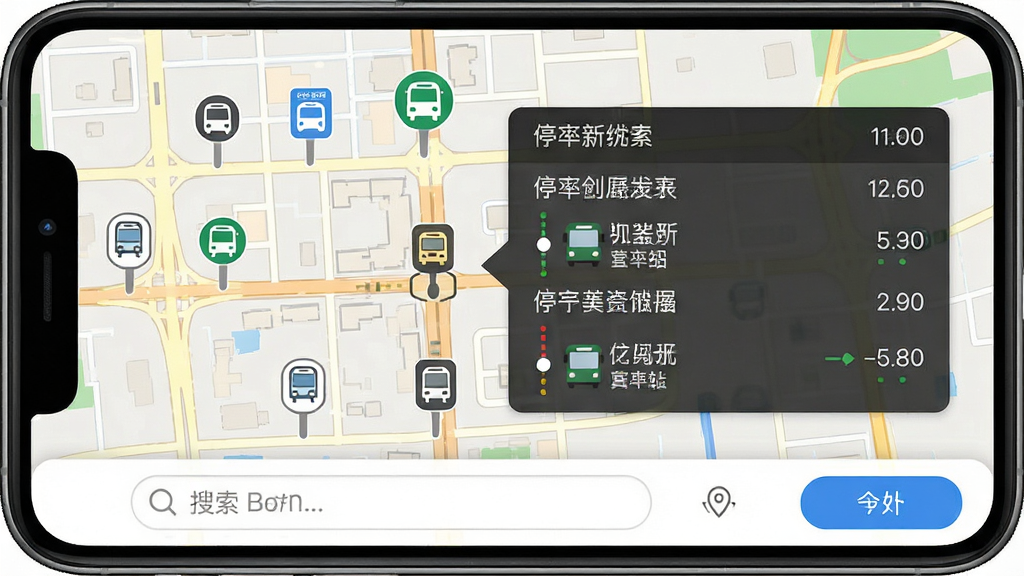 掌上实时公交应用内站点地图总览界面截图,手机屏幕显示城市街区地图,地图上分布着多个公交站牌图标,其中一个站点被点击展开显示停靠线路列表,界面底部有搜索框和定位按钮,整体风格为扁平化地图设计,中文标注清晰,画质干净,无多余装饰元素