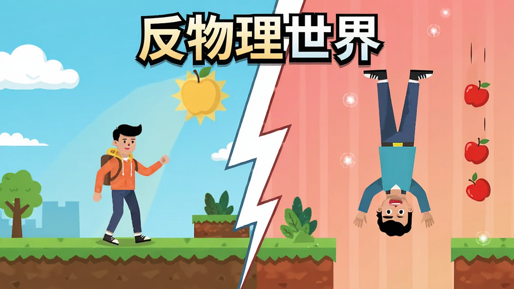 反物理世界 游戏宣传图,画面分为左右两半,左边是正常物理世界,右边是反物理世界,中间有一道闪电分割,右侧角色倒立行走,苹果向上掉落,文字标注“反物理世界”在顶部,风格为扁平插画,色彩对比强烈,画质干净清晰