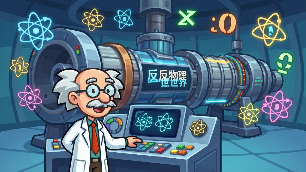 反物理世界 游戏角色与场景展示,一个穿着白大褂的卡通科学家站在控制台前,背后是巨大的粒子对撞机,周围漂浮着各种反物理符号,屏幕上有“反物理世界”字样,风格为2D卡通,色彩明快,细节丰富,画质干净