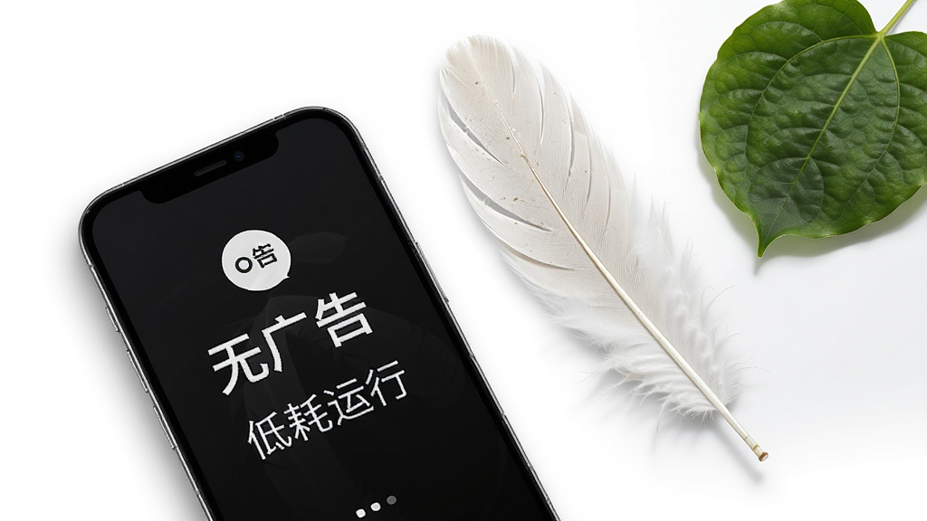 锦宿Xiu轻量运行示意图,画面展示一部手机旁边放置着羽毛与绿叶,手机屏幕显示
