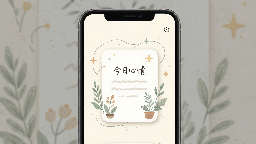 锦宿Xiu安卓版主界面预览图,画面中央展示一部智能手机,屏幕上呈现柔和的米白色背景与淡雅的插画风格心灵记录卡片,卡片上写有