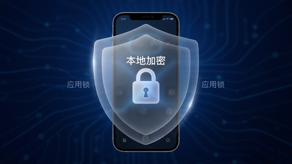 锦宿Xiu隐私保护功能示意图,画面展示一部手机被半透明的安全盾牌环绕,盾牌上带有锁形图标,背景为深蓝色科技感渐变,手机屏幕显示