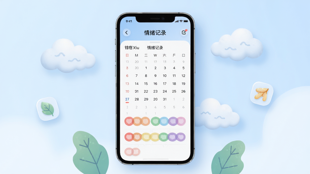 锦宿Xiu心灵记录功能展示图,画面中心是一部手机,屏幕内显示情绪记录界面,包含日历视图与彩色情绪标签,背景为淡蓝色渐变,周围漂浮着简约的云朵与树叶插画,风格柔和温馨,细节包括圆角图标、柔和阴影与清晰的文字排版,画质干净,无多余装饰元素