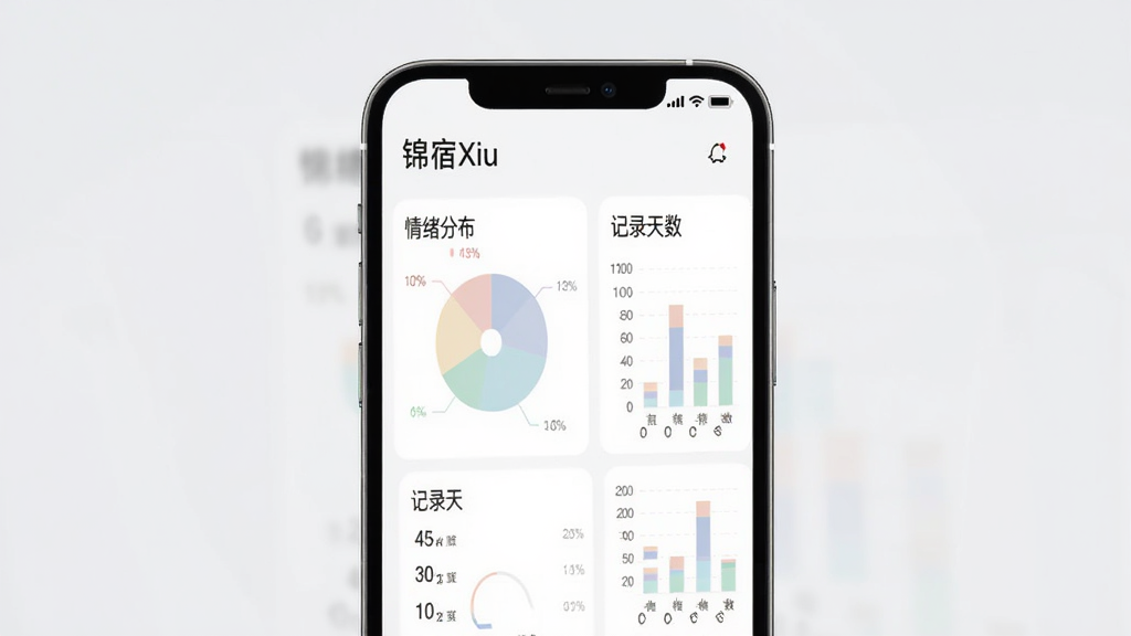 锦宿Xiu数据统计页面展示图,画面中心为手机屏幕,显示饼状图与柱状图组合的数据面板,图表颜色柔和,标注有