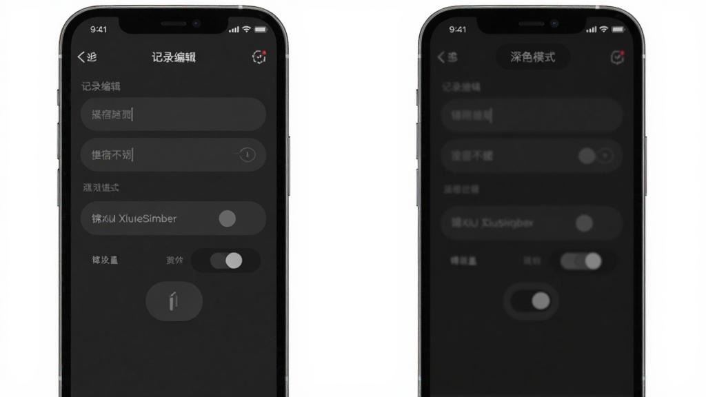 锦宿Xiu移动端操作界面截图,画面展示手机屏幕内显示记录编辑页面与深色模式切换按钮,背景为深灰色,布局清晰,风格简约现代,细节包括圆角输入框与柔和文字对比,画质干净,无多余元素