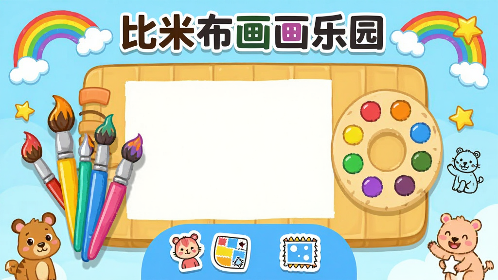 比米布画画乐园儿童绘画应用主界面,主体为卡通风格画板与彩色画笔工具,布局上方显示软件名称“比米布画画乐园”,中间为空白画布与调色盘,下方为贴纸与模板图标,风格明亮活泼,细节包含彩虹、星星、小动物简笔画元素,画质清晰,干净,无多余元素