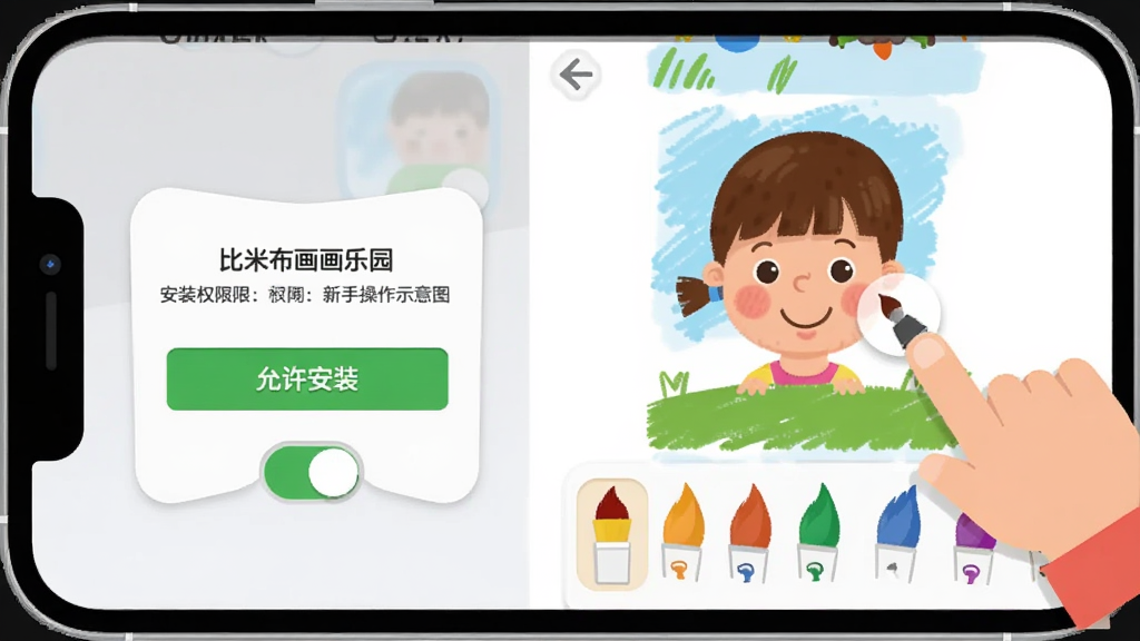 比米布画画乐园新手操作示意图,主体为手机屏幕显示安装权限设置与绘画界面,布局左侧为权限开关示意,右侧为儿童手指点击画笔图标,排版清晰,风格扁平化,细节包含“允许安装”按钮与彩色画笔工具栏,画质干净,无多余元素