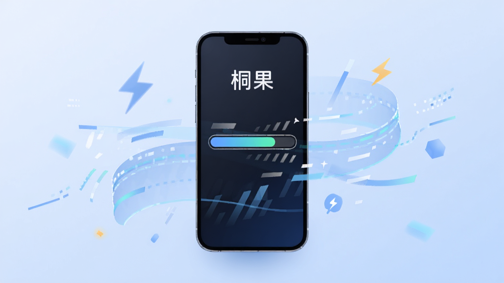 一幅表现桐果轻量运行概念的插图,画面以一部手机为中心,手机屏幕显示流畅的进度条与速度线条,背景为浅蓝色渐变,四周环绕抽象的数据流与闪电符号,风格简洁科技感,排版居中,细节清晰,画质干净,图片中可出现文字“桐果”