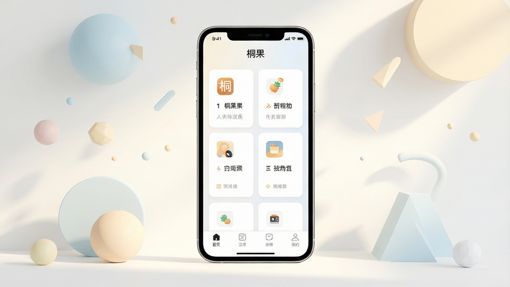 一张展示桐果移动端应用主界面的场景图,画面中央放置一部竖屏智能手机,屏幕内显示简洁的卡片式功能布局与底部导航栏,手机周围以浅色几何图形和柔和光影点缀,整体风格清新现代,排版居中对称,细节干净利落,画质清晰,无多余元素,图片中可出现文字“桐果”