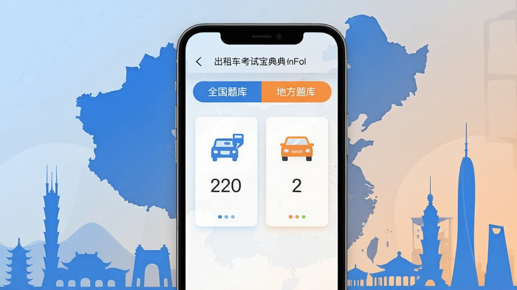 出租车考试宝典双题库切换界面展示,画面主体为一部智能手机,屏幕中显示全国题库和地方题库两个选项卡,背景是抽象的中国地图轮廓和城市地标剪影,布局采用左右分栏式设计,风格为清新扁平化UI插画,细节包含蓝色和橙色主题色、简洁的卡片式布局、柔和的渐变背景,画质干净清晰无多余元素