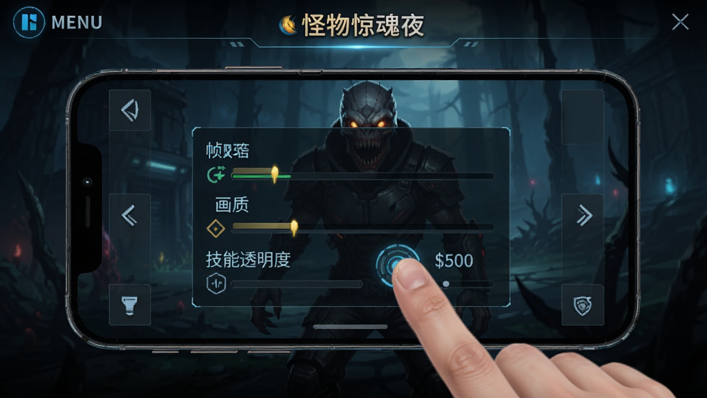 怪物惊魂夜手机端设置界面,展示帧率、画质、技能透明度等选项,画面中有手指点击操作,背景为游戏主菜单,风格简洁科技感,高画质,干净构图
