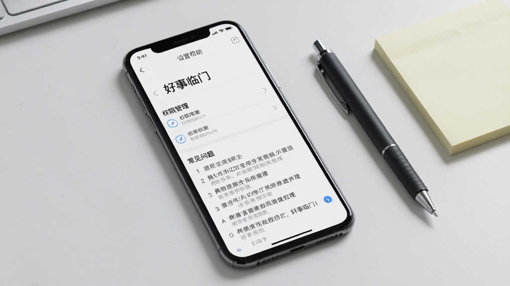 手机屏幕显示“好事临门”设置与帮助页面,页面上有权限管理选项和常见问题列表,旁边放着一支笔和便签纸,背景为浅灰色桌面,风格简洁实用,布局清晰,画质高清,干净无多余装饰