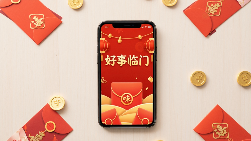 画面中央放置一部智能手机,手机屏幕显示“好事临门”应用主界面,界面以红色和金色为主色调,有红包和灯笼装饰元素,手机周围散落几个小红包和金币,背景是浅色干净桌面,整体风格喜庆简约,布局居中对称,细节清晰,画质高清干净,无多余元素