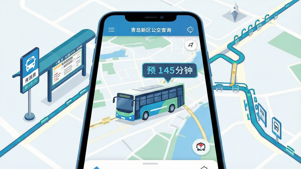 一幅展示青岛新区公交查询实时公交追踪功能的AI生图,画面主体为手机屏幕特写,屏幕上显示地图界面与移动中的公交车图标,图标旁标注着预计到站分钟数,布局采用手机居中放大、地图路线向四周延伸的构图,风格为科技感扁平插画风格,细节包含公交站牌、路线轨迹线和倒计时数字,画质清晰,画面干净,无多余元素