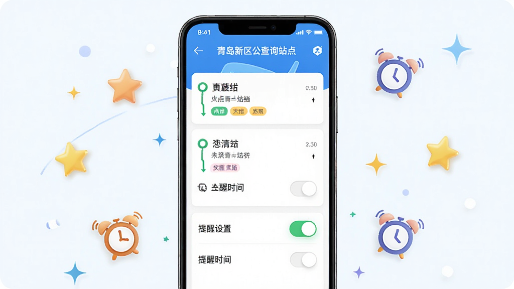 一幅展示青岛新区公交查询站点收藏与到站提醒功能的AI生图,画面主体为手机屏幕界面,屏幕上显示着收藏站点列表与提醒设置开关,布局为手机居中、周围环绕星星图标和闹钟图标,风格为清新简约的UI展示风格,细节包含站点名称、线路标签和提醒时间设置项,画质高清,画面干净,无多余元素