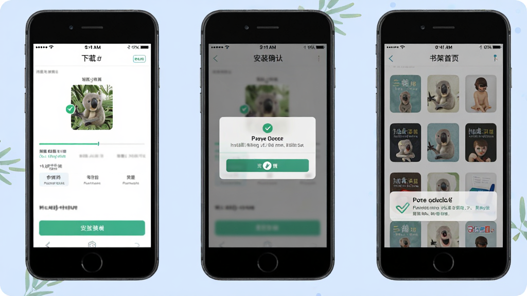 考拉小说新手安装步骤示意图,画面分为三个手机屏幕并排展示,从左到右依次为下载页面、安装确认弹窗和书架首页,背景为浅蓝色,风格清晰直观,细节包含安装进度条和权限提示图标,画质高清干净无多余元素
