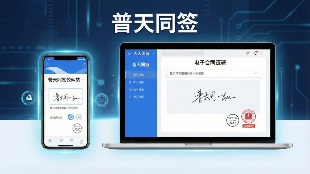 一张展示普天同签软件核心全貌的宣传图,主体是一部智能手机和一台笔记本电脑并排摆放,屏幕上都显示着普天同签的电子合同签署界面,界面中有清晰的签名区域和印章图案,布局采用左右对称的科技感构图,排版简洁大气,风格为现代商务扁平化设计,细节上加入淡蓝色光效、数字签名笔迹、时间戳图标等元素,图片中打上文字“普天同签”,画质高清,画面干净,无多余元素