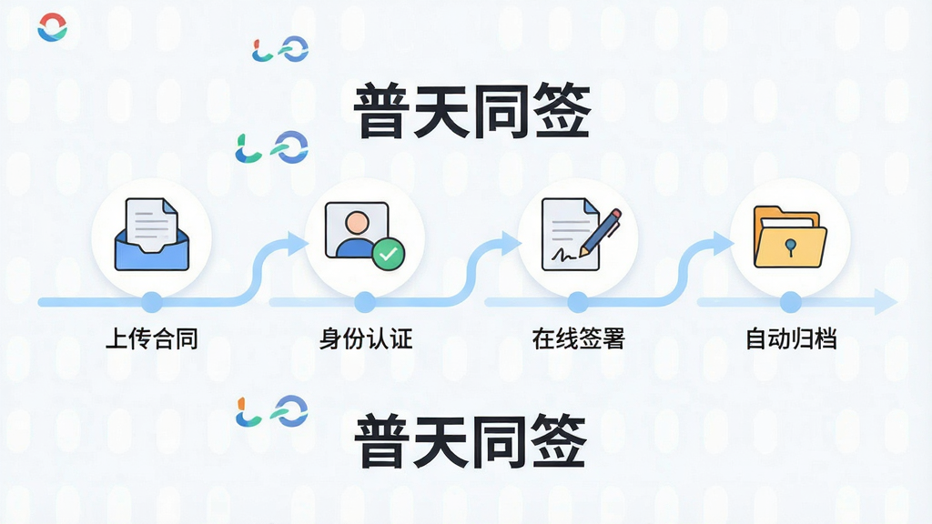 一张展示普天同签全流程电子签署功能的场景图,主体是一个横向的流程时间轴,从左到右依次排列“上传合同”“身份认证”“在线签署”“自动归档”四个节点,每个节点配有对应的图标,布局为横向展开的流程图样式,风格为简洁清新的商务插画风,细节上加入普天同签的Logo标识和淡蓝色连接线,图片中打上文字“普天同签”,画质高清,画面干净,无多余元素