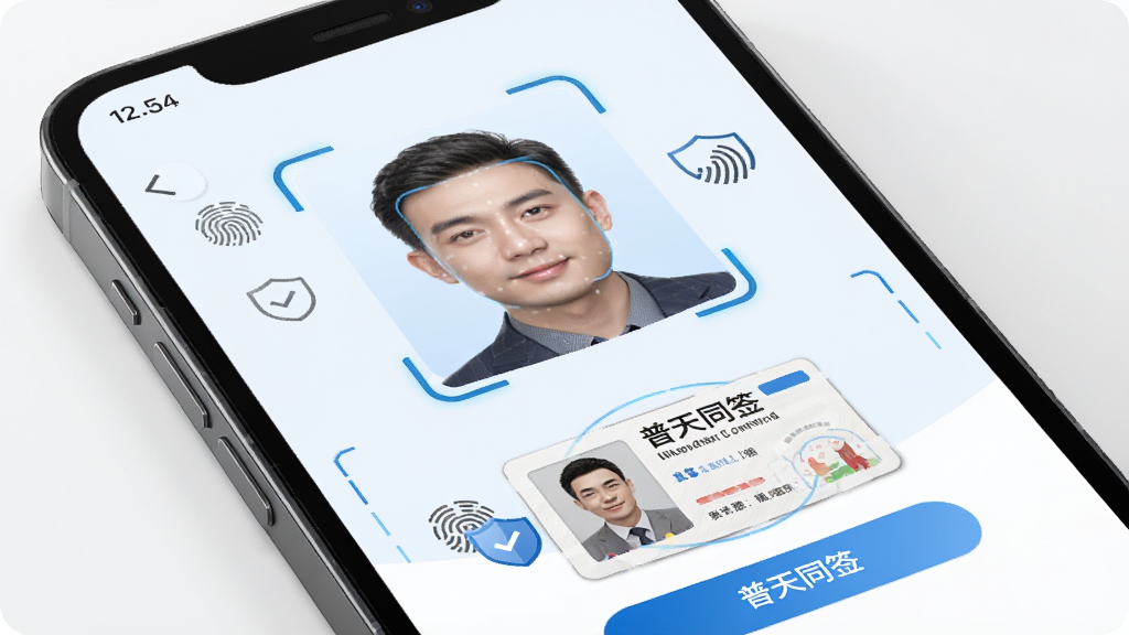 一张展示普天同签多重身份认证功能的示意图,主体是一个手机屏幕特写,屏幕上显示人脸识别框和身份证件上传界面,布局为居中特写构图,风格为科技感写实风,细节上加入指纹识别图标、盾牌安全图标和普天同签品牌色点缀,图片中打上文字“普天同签”,画质高清,画面干净,无多余元素