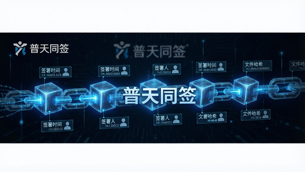 一张展示普天同签区块链存证保全功能的科技概念图,主体是一条由发光方块组成的区块链链条横贯画面中央,每个方块上标注“签署时间”“签署人”“文件哈希”等标签,布局为横向贯穿式构图,风格为未来科技感深色背景,细节上加入普天同签的标识和蓝色数据流光效,图片中打上文字“普天同签”,画质高清,画面干净,无多余元素