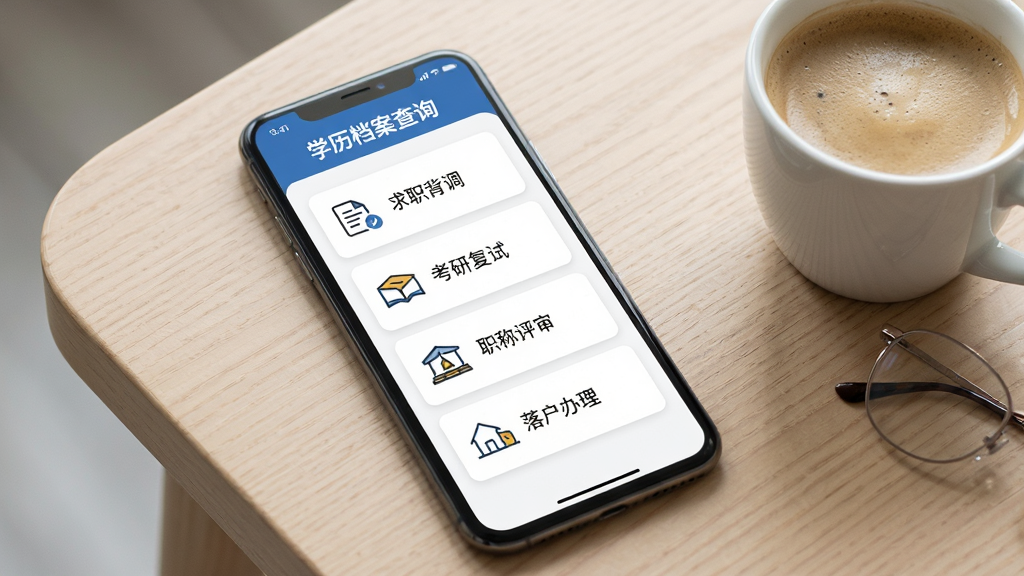 手机屏幕显示学历档案查询应用的多场景选择界面,界面上有“求职背调”“考研复试”“职称评审”“落户办理”等选项卡片,每个卡片配有简洁图标,手机放置在浅色桌面上,旁边有一杯咖啡,整体风格现代商务,画质清晰,文字内容为“学历档案查询”,干净无多余元素