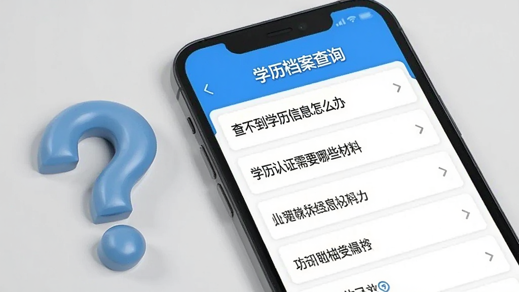 手机屏幕展示学历档案查询应用的常见问题页面,页面以列表形式呈现多个问题条目,如“查不到学历信息怎么办”“学历认证需要哪些材料”,手机旁边有一个问号形状的装饰物,背景为浅灰色,整体风格简洁明快,画质清晰,文字内容为“学历档案查询”,干净无多余元素