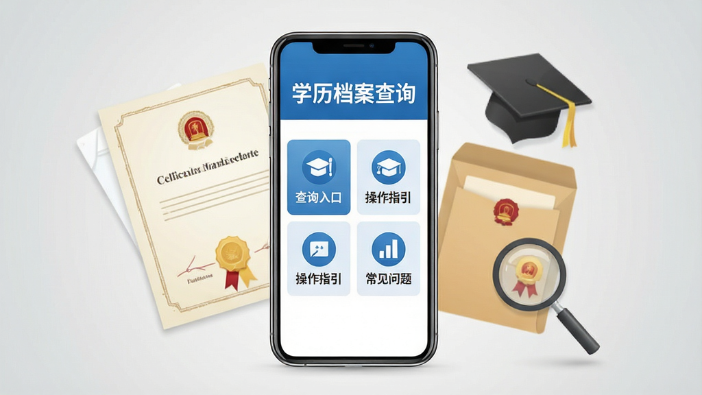 画面中央是一部智能手机,手机屏幕显示学历档案查询应用的主界面,界面为蓝白配色,顶部有“学历档案查询”字样,中间排列着查询入口、操作指引、常见问题等模块图标。手机周围环绕着毕业证书、档案袋、放大镜等元素,背景为浅灰色渐变,整体风格简洁商务,画质清晰,干净无多余元素