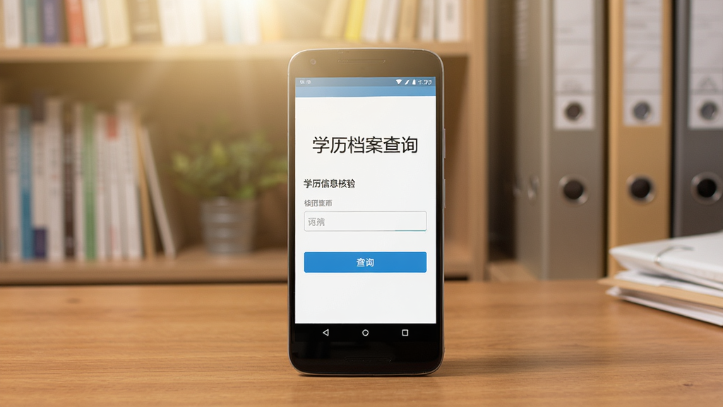 一部安卓手机放置在木质桌面上,屏幕显示学历档案查询应用的核验界面,界面中有“学历信息核验”标题、输入框和查询按钮,屏幕上方有柔和的光线照射,背景有书架和文件夹,整体风格温馨实用,画质清晰,文字内容为“学历档案查询”,干净无多余元素
