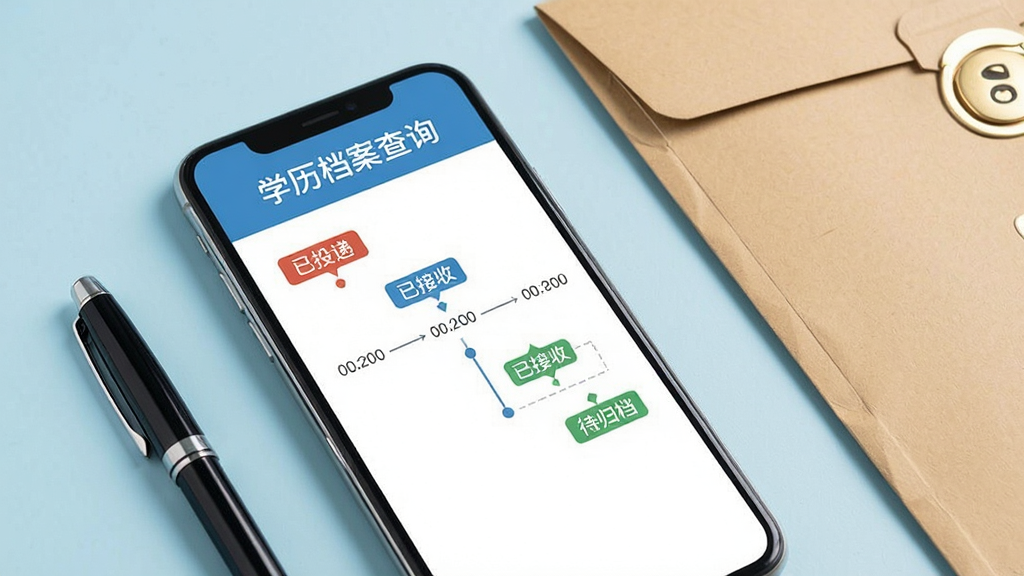 手机屏幕展示学历档案查询应用的档案追踪页面,页面中有时间轴和状态标签,如“已投递”“已接收”“待归档”,手机旁边放着一支笔和一个档案袋,背景为淡蓝色,整体风格清新简洁,画质清晰,文字内容为“学历档案查询”,干净无多余元素